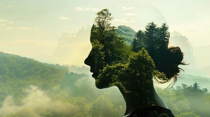 Side silhouette portrait of a woman, overlayed with a green forest and mountain scenery, emphasizing natural harmony.
