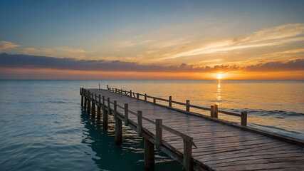 Fototapeta premium Side view of a wooden bridge and the atmosphere by the sea before sunset