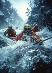 Whitewater Rafting: A group of rafters tackling rapids, capturing the teamwork and excitement. 