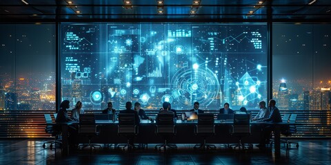 Business meeting in a high-tech office with a large digital screen displaying data and cityscape view 