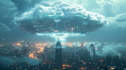 Obraz premium A futuristic digital cloud hovers over a cityscape, symbolizing advanced cloud technology and urban innovation at night.