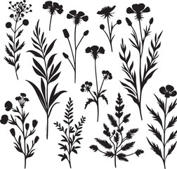 flower silhouettes and leaves floral element Clip art isolated vector illustration on white background