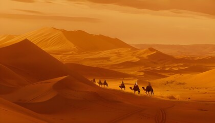 Fototapeta premium Camel caravan going through the sand dunes in the Desert,