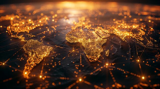 World map illuminated with glowing lights representing global network connectivity and connections, symbolizing modern technology and communication.
