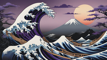 Japanese Traditional Wave: Colorful Manga Comic Illustration fujiyama fuji