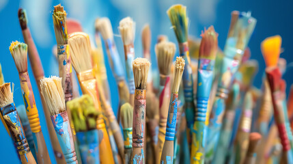 Fototapeta premium Close-up of colorful paint brushes in a container against a blue background, ideal for art, creativity, and paint-themed concepts.