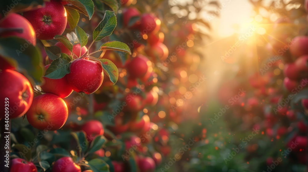 Wall mural stunning orchard with rows of trees, an abundance of red ripe apples on branches with green leaves, 