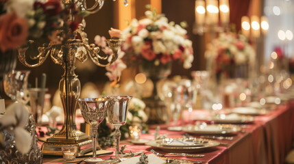 A high-angle perspective reveals an exquisite banquet table set with silverware, fine china, and intricate floral designs in the luxurious ballroom, ideal for memorable events and festive celebrations