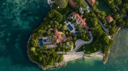 An exotic aerial view showcases a private island resort surrounded by turquoise waters and pristine white beaches, featuring lavish villas and exclusive amenities for a luxurious getaway.

