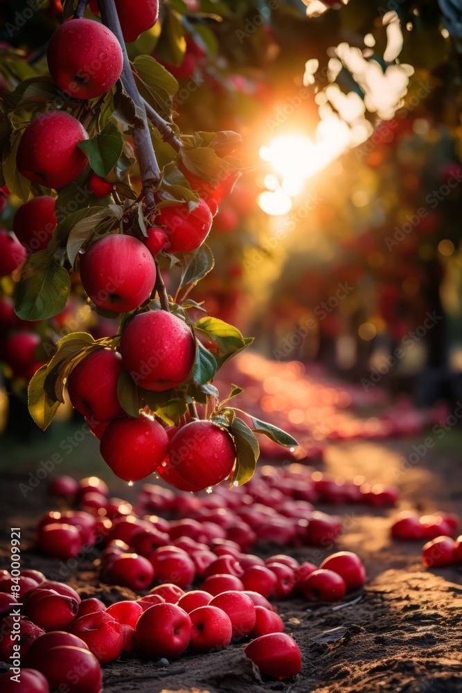 Poster a landscape with a stunningly beautiful orchard with an abundance of red apples on the branches in t