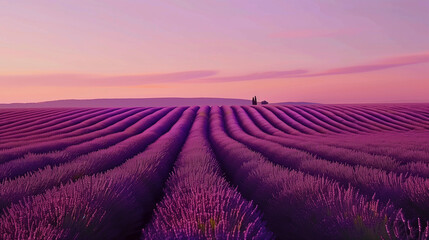 Lavender fields stretch under a pastel sunset sky, with fragrant blooms swaying gently in the breeze amid a palette of purple shades, beautifully contrasting with the golden sunset light.

