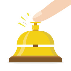 Finger pressing hotel bell. Reception, customer, guest and restaurant bell icon symbol. Service bell ring sign in flat style.
