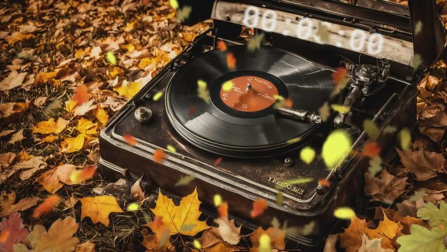 Antique gramophone surrounded by fallen leaves, capturing a nostalgic autumn scene