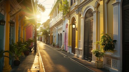 Obraz premium a calm late afternoon at the Old Phuket Town, focusing on the intricate architecture