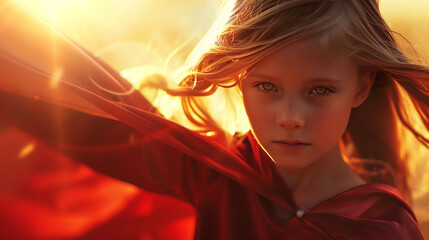 Portrait of a determined young girl with flowing hair, backlit by a warm sunset, wearing a red cloak and exuding confidence and strength.
