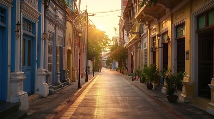 Fototapeta premium a calm late afternoon at the Old Phuket Town, focusing on the intricate architecture