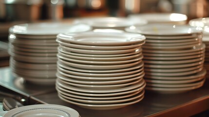 Stacks of empty white plates