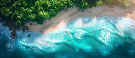 A breathtaking aerial view of a tropical beach with lush green forest, pristine sand, and turquoise waves washing ashore.