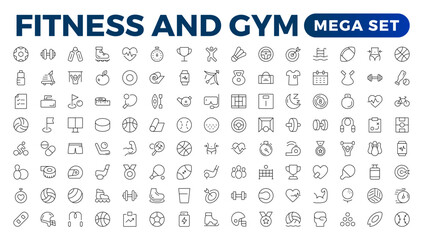 Set of fitness and wellness related line icons, wellbeing, mental health, healthcare, cosmetics, spa, medical. Outline icon collection.