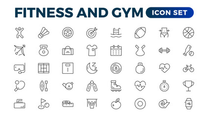 Set of fitness and wellness related line icons, wellbeing, mental health, healthcare, cosmetics, spa, medical. Outline icon collection.