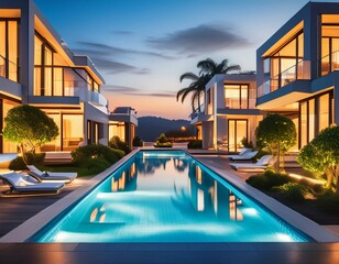 Fototapeta premium Evening street with high-tech houses with swimming pools and scenic lighting, concept of living in a high-tech house