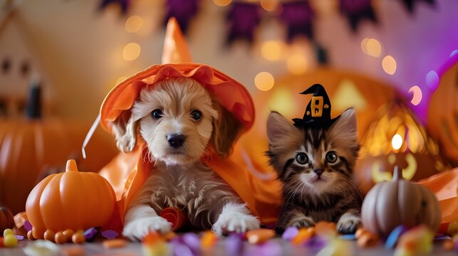 Dog and cat in halloween costume. Cute puppy and kitten wearing a witch hat, pumpkin decoration living room background. Funny creative pet animal character festive season greeting invitation card.