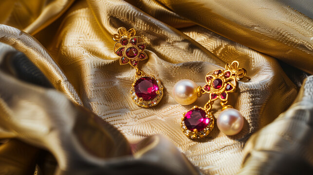 This luxurious ruby and pearl jewelry in an elegant teardrop style with intricate gold filigree is housed in a silk-lined case with a gold clasp.

