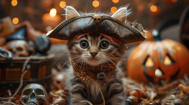 Cute adorable cat in Halloween costume with hat and eyepatch, pumpkin skull background. Funny creative pet animal character quirky festive season greeting invitation card wallpaper. 3d digital artwork