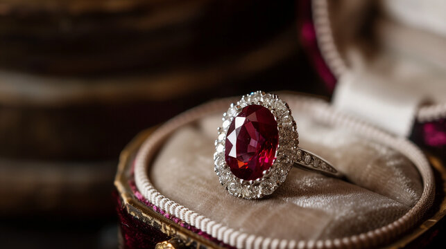 An exquisite cocktail jewel in white gold with an oval-cut ruby and a diamond halo, presented in a velvet-lined box.
