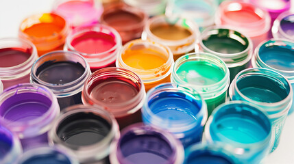 Fototapeta premium Bright gouache paint jars in vivid colors, neatly lined up on a white surface, perfect for artistic inspiration and creativity.