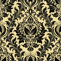 Seamless pattern of vintage damask motifs in shades of black and ivory, Generative AI