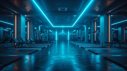Gym Lit at Night - Gym illuminated at night with modern LED lighting, empty and serene