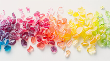 Fototapeta premium A vivid array of multi-colored jellies arranged against a plain white background offers a striking visual of contrasting hues and glossy textures.
