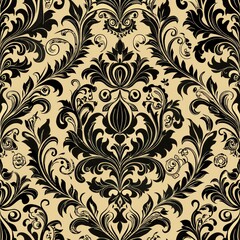 Seamless pattern of vintage damask motifs in shades of black and ivory, Generative AI