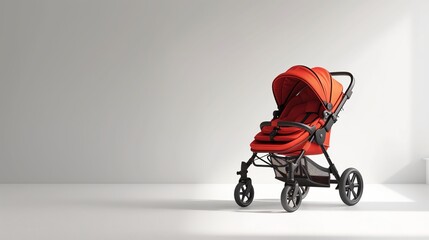 Red Baby Stroller With Adjustable Canopy and Padded Seat on White Background Showing Comfort, Safety, Durability, and Modern Design