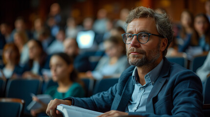 Professor sitting at a desk in a lecture hall with an open book and notes, explaining the material