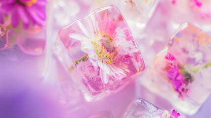 Delicate flowers frozen in ice, their colors and shapes preserved in icy calm.

