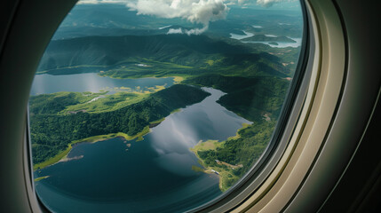 Through the aircraft window unfolds a stunning view of lush green landscapes, with shimmering lakes and winding rivers, providing passengers a serene moment to reflect and enjoy their journey.

