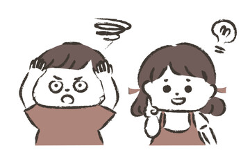 困っている子どもと教える子どもの手描きイラスト