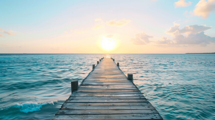 Fototapeta premium An idyllic pier reaches over serene waters, centered against a gentle sunset, the water mirroring the sky’s warm tones.