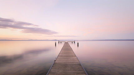 Fototapeta premium A long pier over crystal-clear waters, positioned under a colorful sunset, with small waves creating a soothing rhythm.