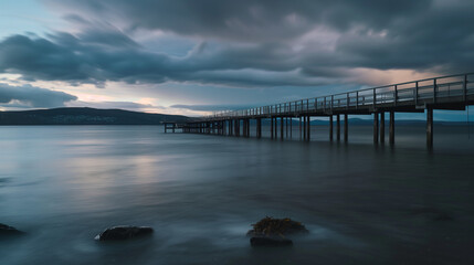 A wooden pier extends into calm waters, perfectly framed by a soft sunset, the water reflecting the sky's warm hues.

