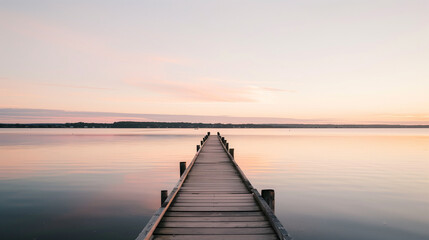 Obraz premium A long pier stretches over crystal-clear azure waters, centered beneath a colorful sunset, with gentle waves creating a soothing rhythm.