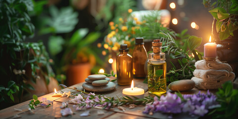 Spa Massage einer Frau mit Kerzen Ölen und weiteren Deko