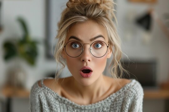 Surprised blonde woman in glasses