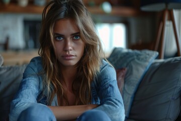 Obraz premium Crossed-armed woman on couch