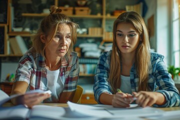 Two women at table with papers