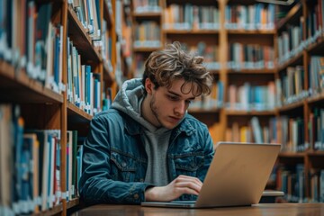 Man working laptop library table