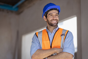 Portrait of cvil engineer with safety uniform working at construction site outdoor, Construction worker checking and controlling project on building site, Architecture engineering on new project