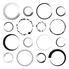 Assorted circular frames collection. Black and white rings. Vector round borders set.